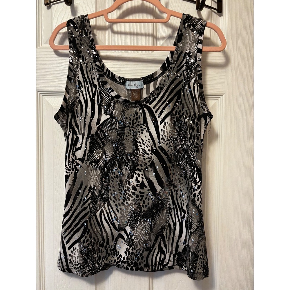 Clear Sky Women Mixed Animal Print Sequin Tank Top Gray Zebra Leopard Large